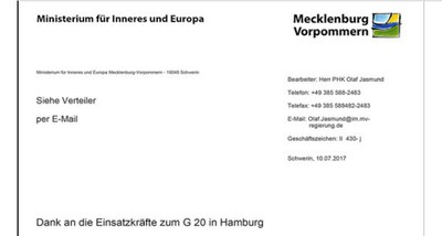 Anerkennung und Wertschätzung für die Einsatzkräfte des G20-Gipfels in MV