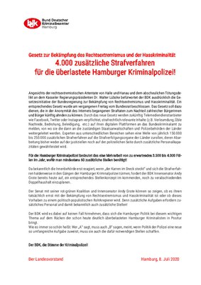 BDK Info: Gesetz zur Bekämpfung des Rechtsextremismus und der Hasskriminalität kommt - 4.000 zusätzliche Strafverfahren für die überlastete Hamburger Kriminalpolizei benötigt!