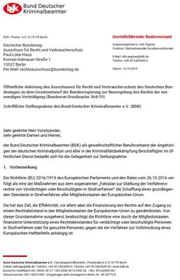 Schriftliche Stellungnahme des Bund Deutscher Kriminalbeamter e.V.