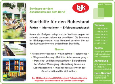 Seminare: Starthilfe für den Ruhestand 2019